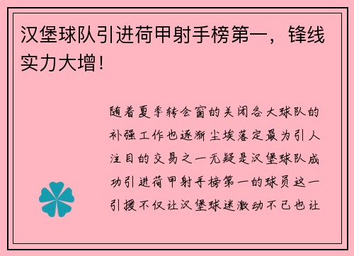 汉堡球队引进荷甲射手榜第一，锋线实力大增！